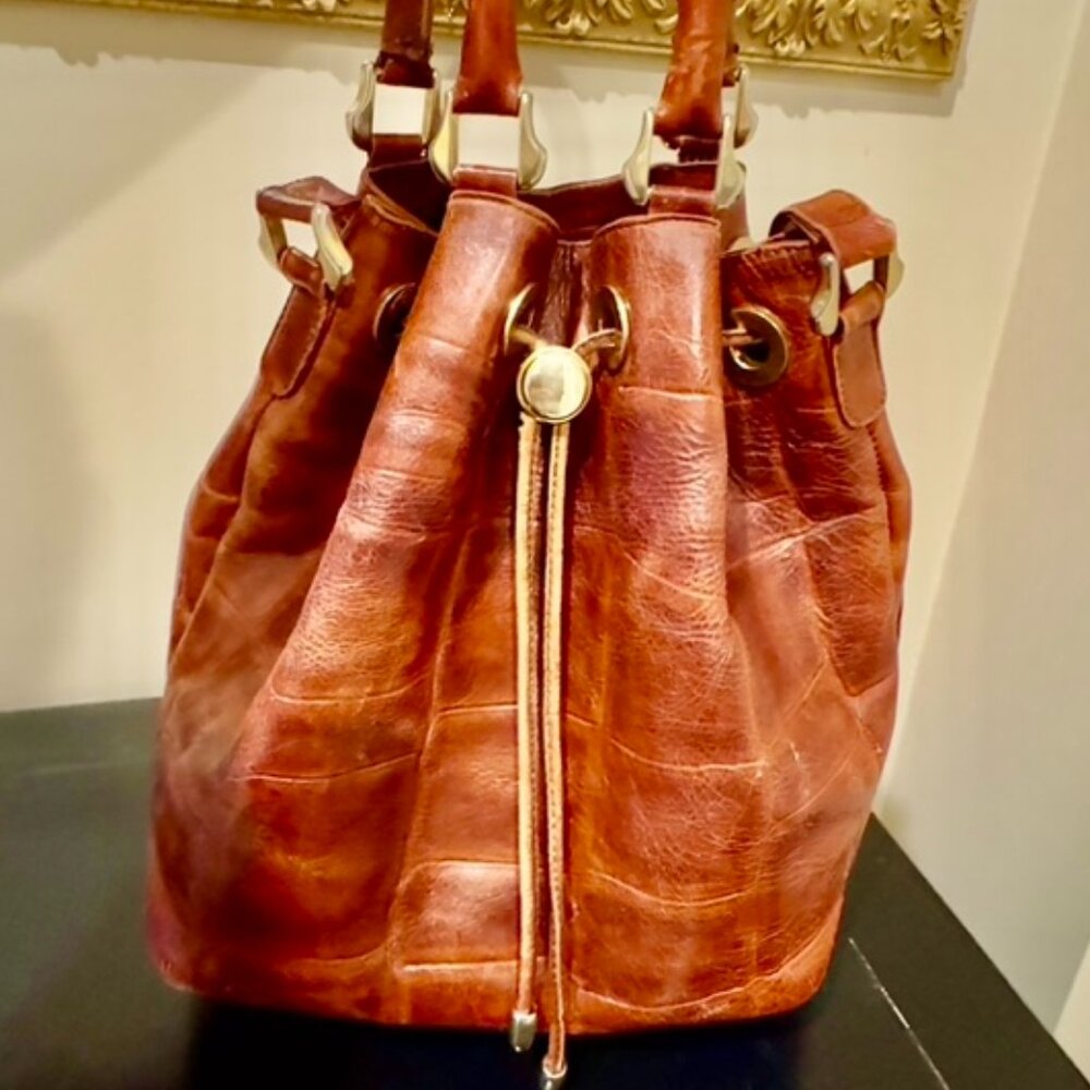 Bally Vintage Embossed Crocodile Chestnut Tan Leather Drawstring Bucket Handbag